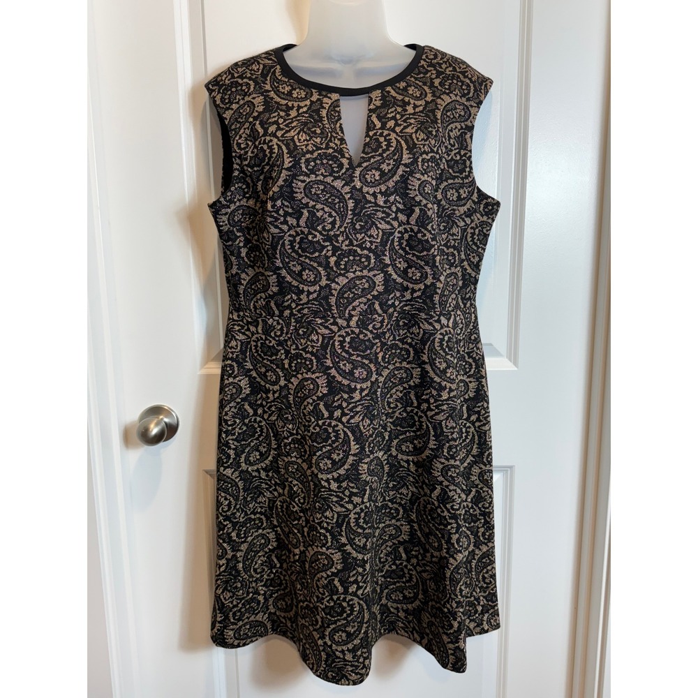 Tommy Hilfiger Womens Dress Black Gold Metallic Paisley Large L Evening Cocktail